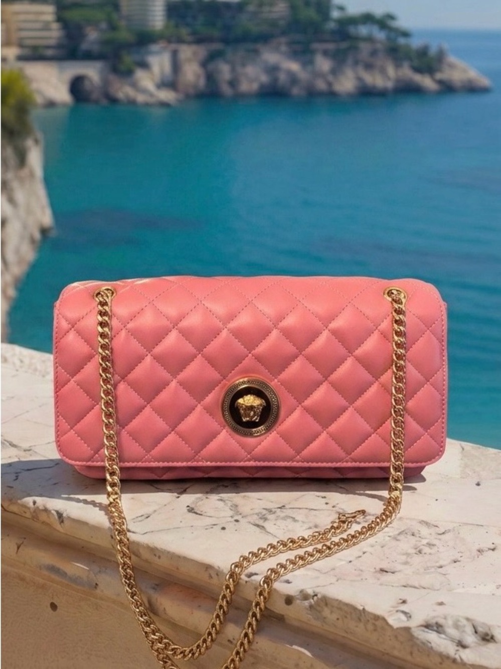 New Versace Pink Médium Quilted Lambskin Leather Shoulder Crossbody Bag Purse